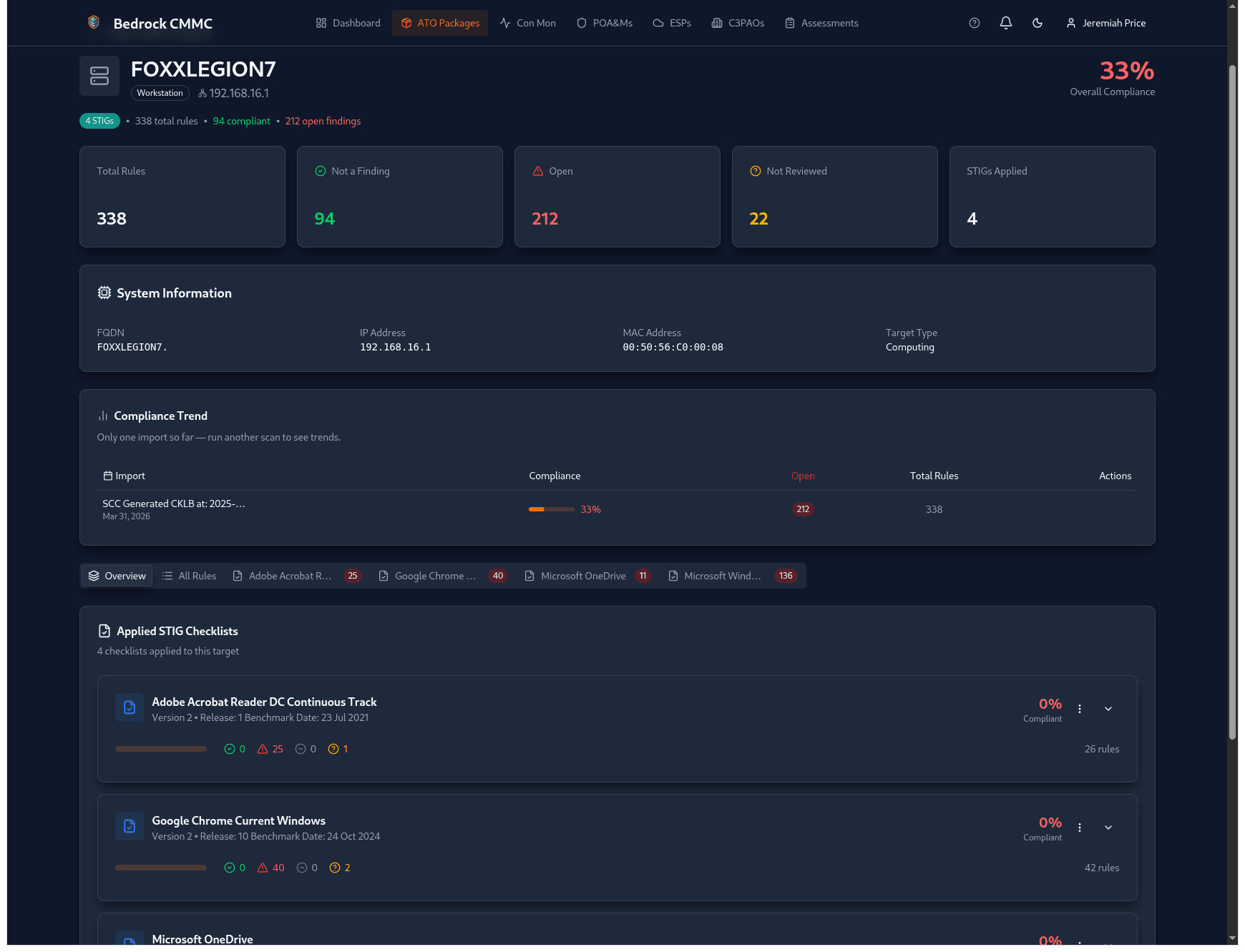 Bedrock CMMC STIG compliance — asset-level compliance tracking, applied checklists, and compliance trends